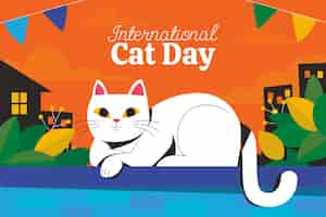 Bezpłatny wektor płaski międzynarodowy dzień kota w tle z kotem