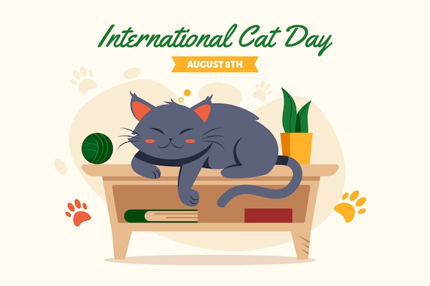 Bezpłatny wektor płaski międzynarodowy dzień kota w tle z odpoczywającym kotem