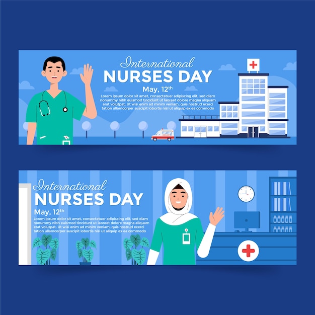 Bezpłatny wektor płaski międzynarodowy pakiet poziomych banerów na dzień pielęgniarek