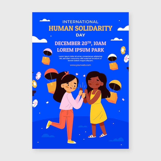 Bezpłatny wektor płaski międzynarodowy szablon plakatu pionowego dnia solidarności ludzkiej