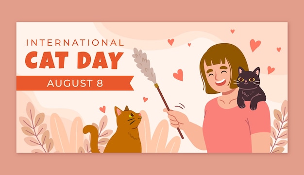 Bezpłatny wektor płaski międzynarodowy szablon transparentu dzień kota z kobietą i kotami