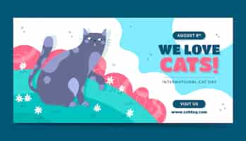 Bezpłatny wektor płaski międzynarodowy szablon transparentu dzień kota z kotem na zewnątrz