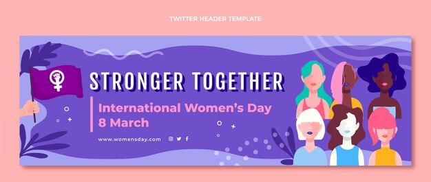 Płaski nagłówek twittera z okazji międzynarodowego dnia kobiet