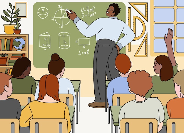 Bezpłatny wektor płaski nauczyciel człowieka stojącego przy tablicy i nauczający matematyki