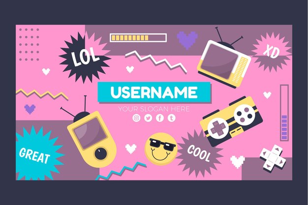 Płaski, nostalgiczny szablon sztuki kanału youtube z lat 90.