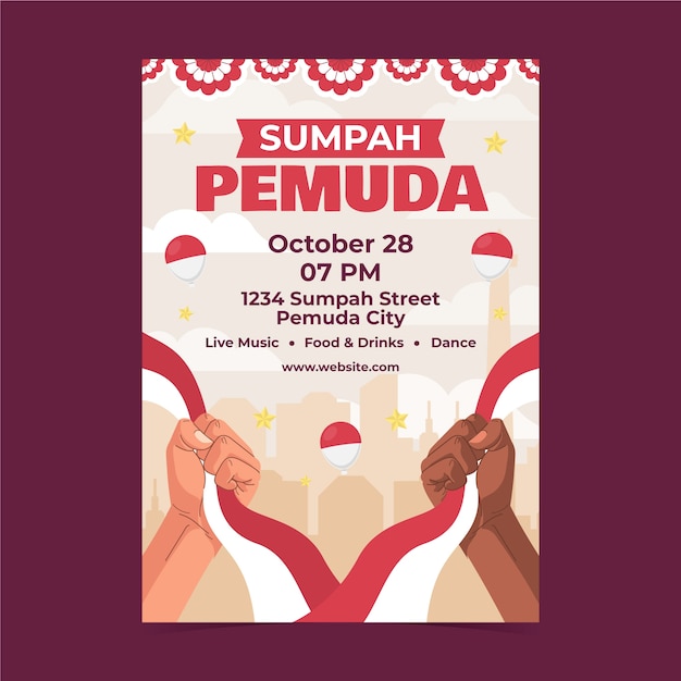 Bezpłatny wektor płaski pionowy szablon plakatów dla indonezyjskiego sumpah pemuda