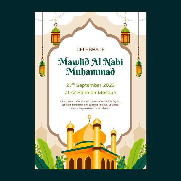 Płaski pionowy szablon plakatów na święto islamskiego Mawlid al-nabi