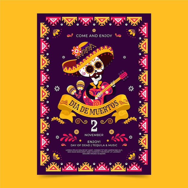 Płaski Pionowy Szablon Plakatu Dia De Muertos