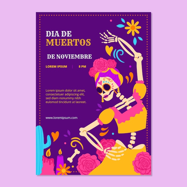 Płaski Pionowy Szablon Plakatu Dia De Muertos