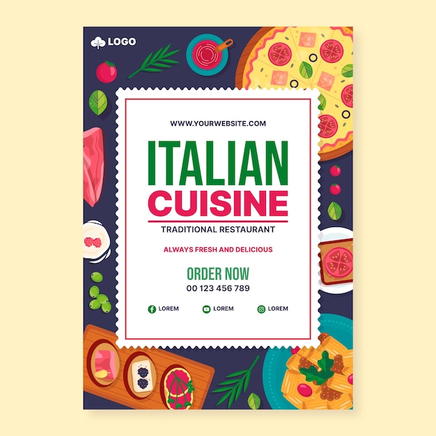 Bezpłatny wektor płaski pionowy szablon plakatu dla tradycyjnej włoskiej restauracji z jedzeniem
