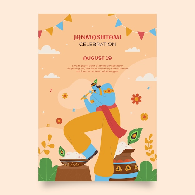 Bezpłatny wektor płaski pionowy szablon plakatu janmashtami