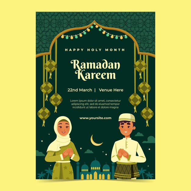 Płaski pionowy szablon plakatu na islamskie obchody ramadanu