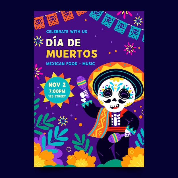 Płaski Pionowy Szablon Plakatu Na Obchody Dia De Muertos