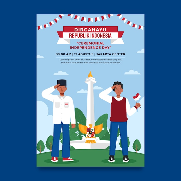 Bezpłatny wektor płaski pionowy szablon plakatu na obchody dnia niepodległości indonezji