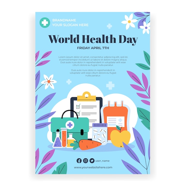 Bezpłatny wektor płaski pionowy szablon plakatu na obchody światowego dnia zdrowia