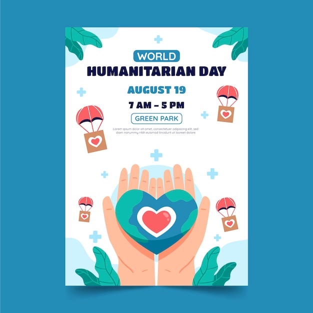 Bezpłatny wektor płaski pionowy szablon plakatu na światowy dzień pomocy humanitarnej