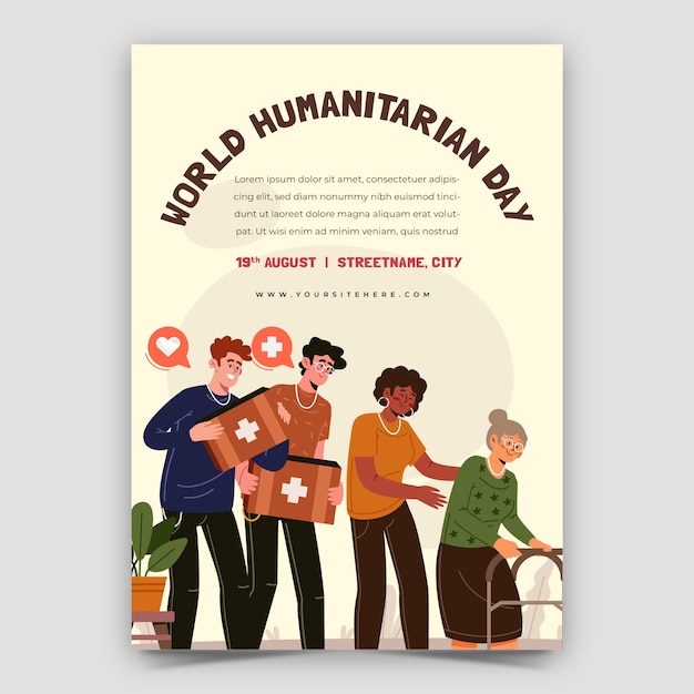 Bezpłatny wektor płaski pionowy szablon plakatu na światowy dzień pomocy humanitarnej