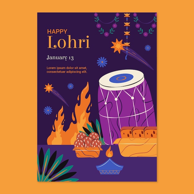 Bezpłatny wektor płaski, pionowy szablon ulotki na festiwal lohri