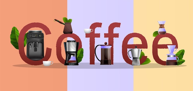 Bezpłatny wektor płaski plakat typografii z automatycznym i ręcznym sprzętem do kawy na trzykolorowej ilustracji wektorowych tła