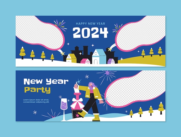 Płaski Poziomy Baner Na Nowy Rok 2024 Z Miastem I Kobietą Trzymającą Prezent