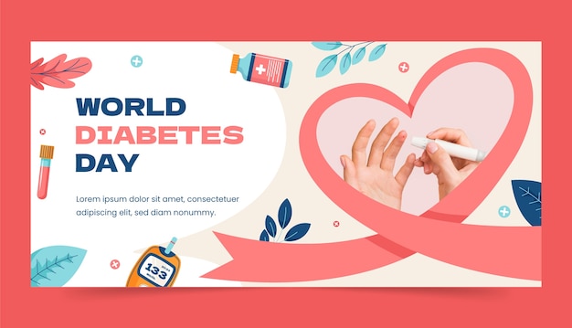 Bezpłatny wektor płaski poziomy baner na światowy dzień cukrzycy z badaniem poziomu cukru we krwi