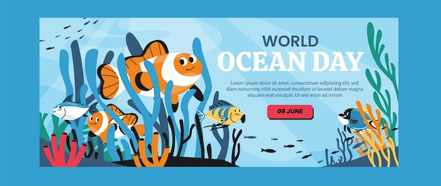 Bezpłatny wektor płaski poziomy szablon transparentu na obchody światowego dnia oceanów z życiem oceanicznym
