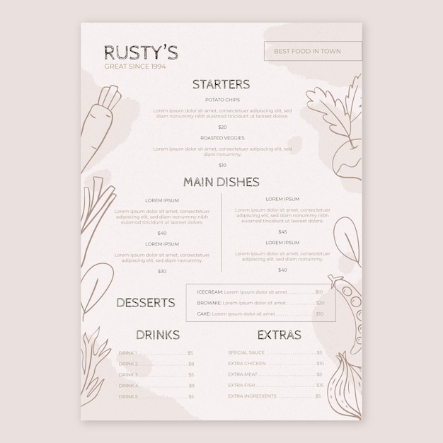 Płaski Rustykalny Szablon Menu Restauracji