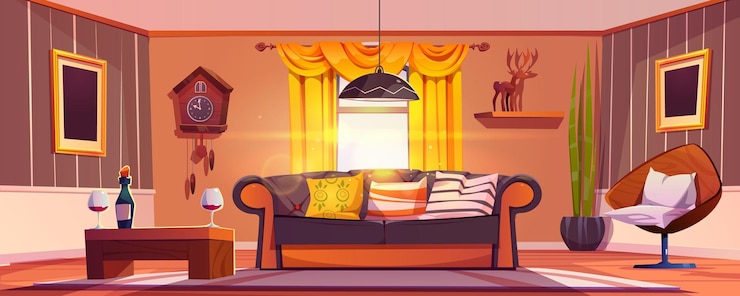 Bezpłatny plik Wektor płaski salon z sofą luksusowy design wektor butelka wina i kieliszek na stole w nowoczesnym mieszkaniu w salonie lampa dywanowa, element fotela i obraz na ścianie wewnątrz umeblowanej latarni morskiej