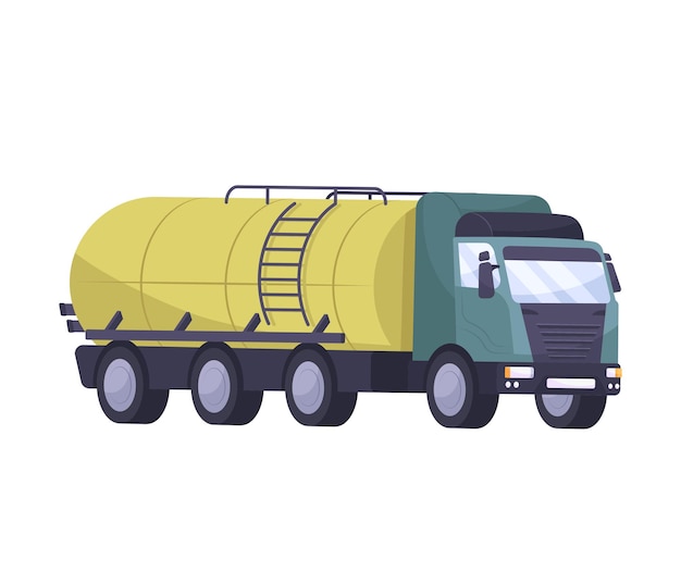 Płaski skład przemysłu naftowego z odizolowanym obrazem ciężarówki z cysterną na ropę naftową
