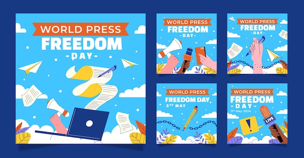 Bezpłatny wektor płaski świat dzień wolności prasy zbiór postów na instagramie