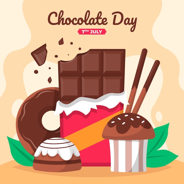 Bezpłatny wektor płaski światowy dzień czekolady ilustracja z czekoladowymi słodyczami