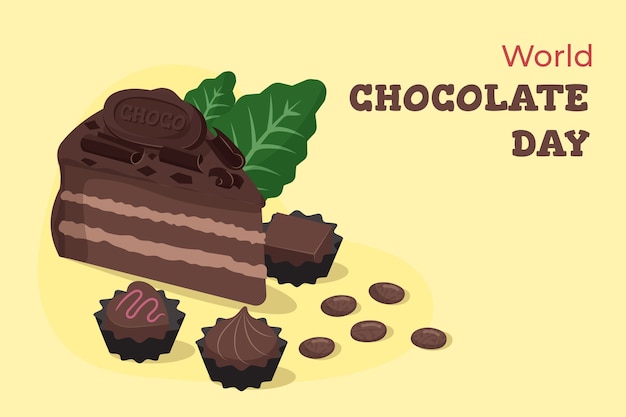 Bezpłatny wektor płaski światowy dzień czekolady tło z ciastem czekoladowym