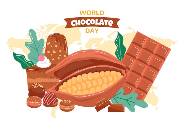 Bezpłatny wektor płaski światowy dzień czekolady tło z ziarnami kakaowymi