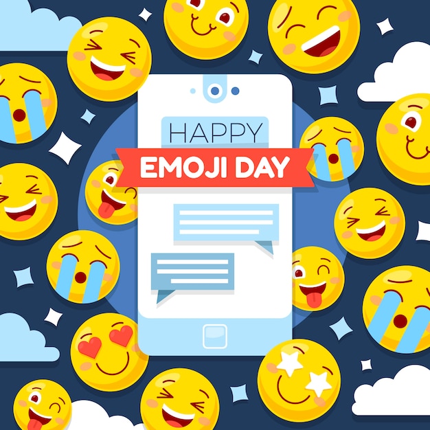 Płaski światowy dzień emoji ilustracja z emotikonami