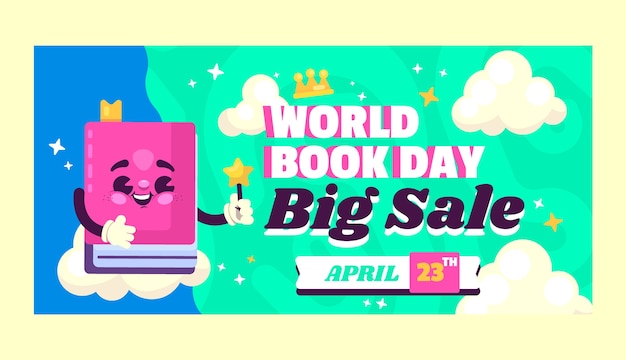 Płaski światowy Dzień Książki Sprzedaż Poziomy Baner Szablon