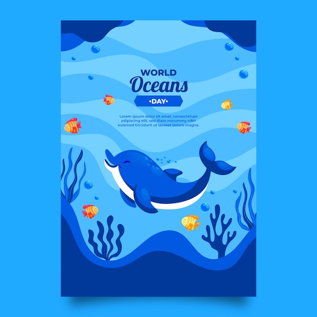 Bezpłatny wektor płaski światowy dzień oceanów pionowy szablon plakatu