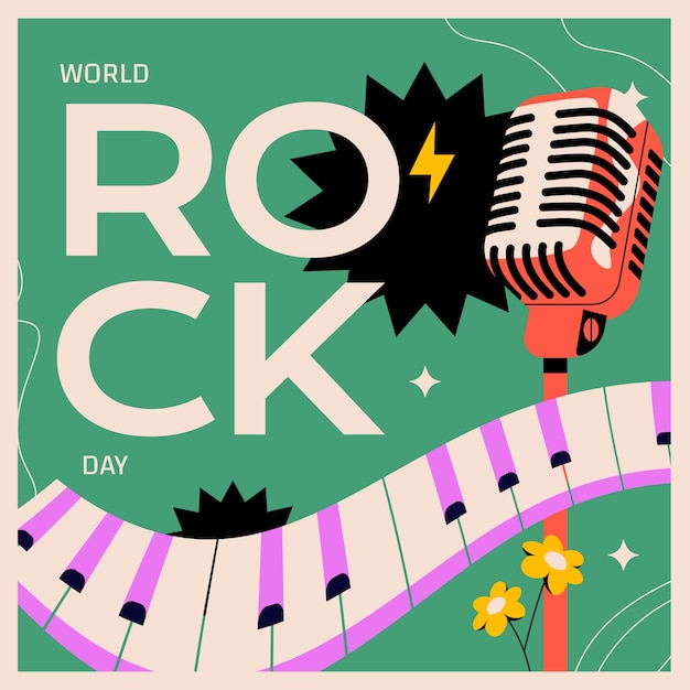Płaski światowy Dzień Rocka Ilustracja Z Klawiszami Fortepianu I Mikrofonem