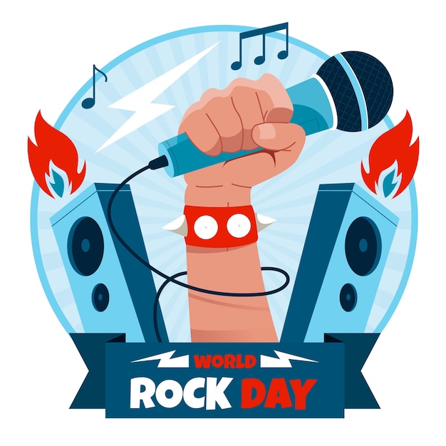 Bezpłatny wektor płaski światowy dzień rocka ilustracja z mikrofonem trzymającym rękę