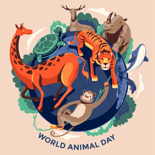 Bezpłatny wektor płaski światowy dzień zwierząt ilustracja