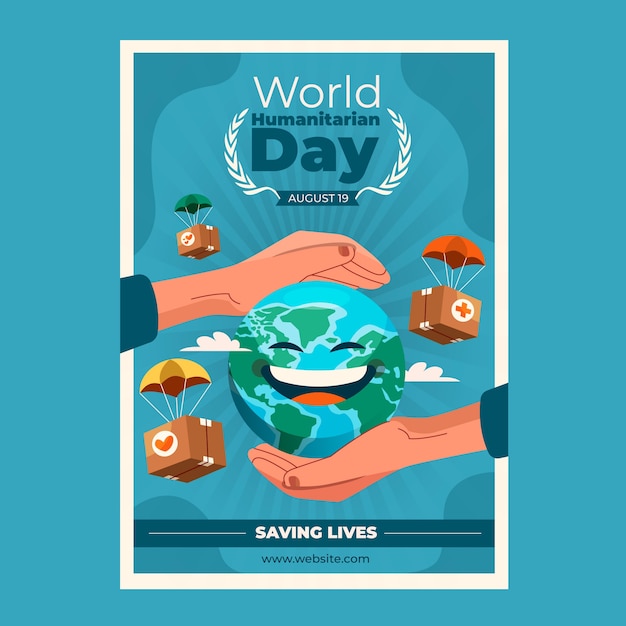Bezpłatny wektor płaski światowy szablon plakatu humanitarnego z rękami nad planetą