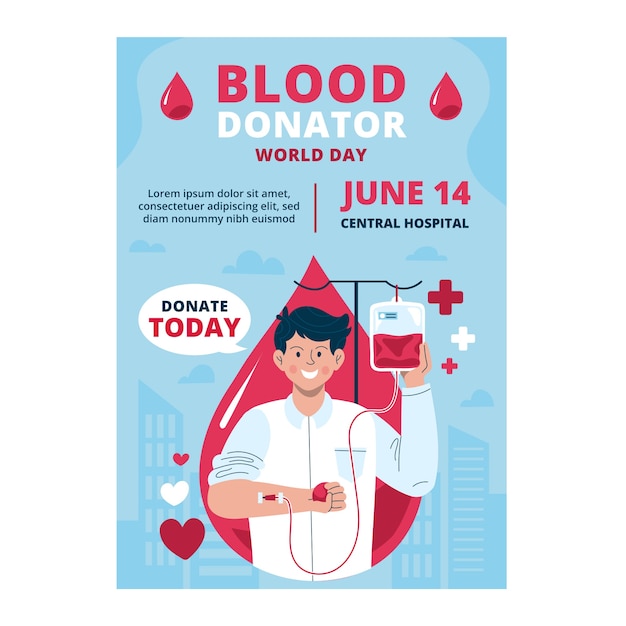 Bezpłatny wektor płaski światowy szablon plakatu pionowego dnia dawcy krwi