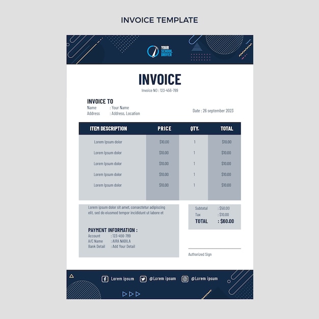 Bezpłatny wektor płaski szablon faktury za szkołę jazdy