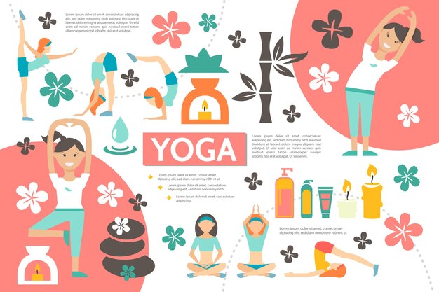Płaski szablon infografiki jogi z dziewczynami ćwiczącymi w różnych pozach fitness bambusowe kosmetyki spa kwiaty kamienie świece ilustracja