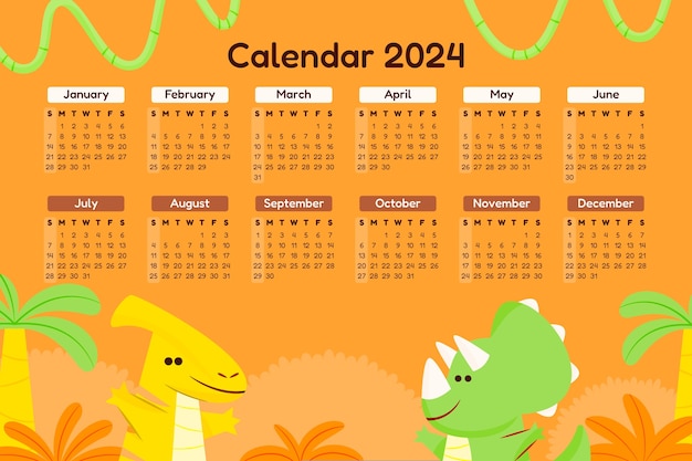 Bezpłatny wektor płaski szablon kalendarza 2024 z dinozaurami