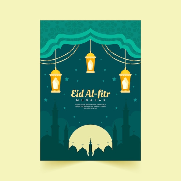 Bezpłatny wektor płaski szablon kartki z życzeniami eid al-fitr