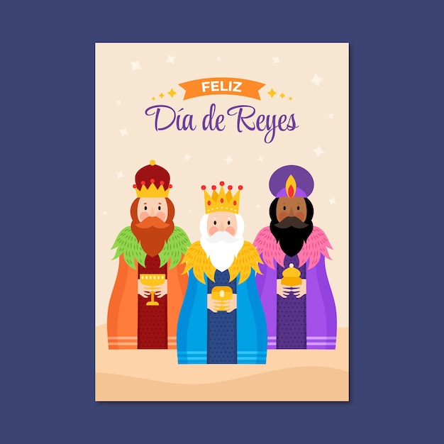 Bezpłatny wektor płaski szablon kartki z życzeniami feliz dia de reyes