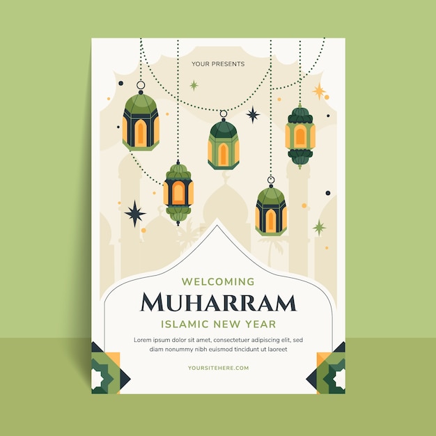 Bezpłatny wektor płaski szablon kartki z życzeniami islamskiego nowego roku z latarniami