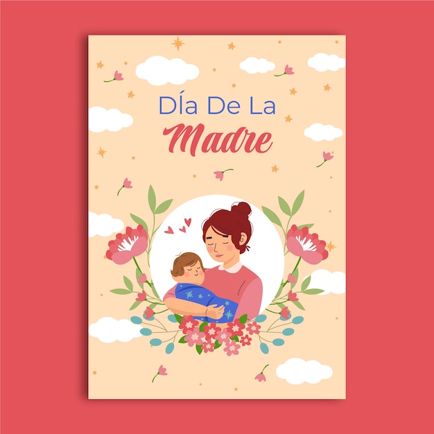 Bezpłatny wektor płaski szablon karty z pozdrowieniami dzień matki w języku hiszpańskim