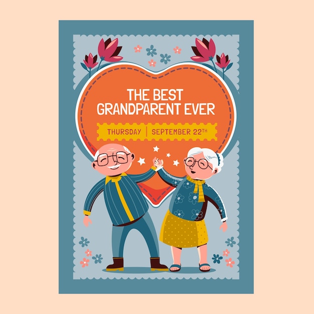 Bezpłatny wektor płaski szablon karty z pozdrowieniami na obchody dnia dziadków