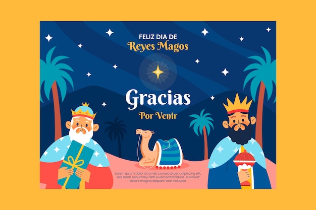 Bezpłatny wektor płaski szablon karty z pozdrowieniami reyes magos